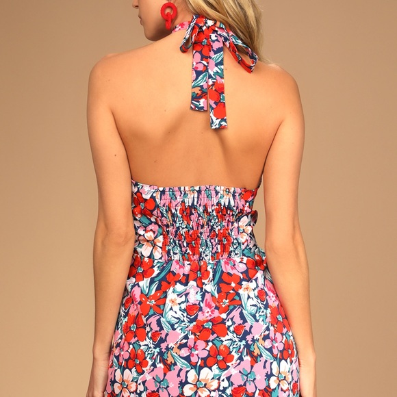 Chance of Blooms Navy Blue Multi Floral Print Halter Mini Dress - Picture 3 of 8